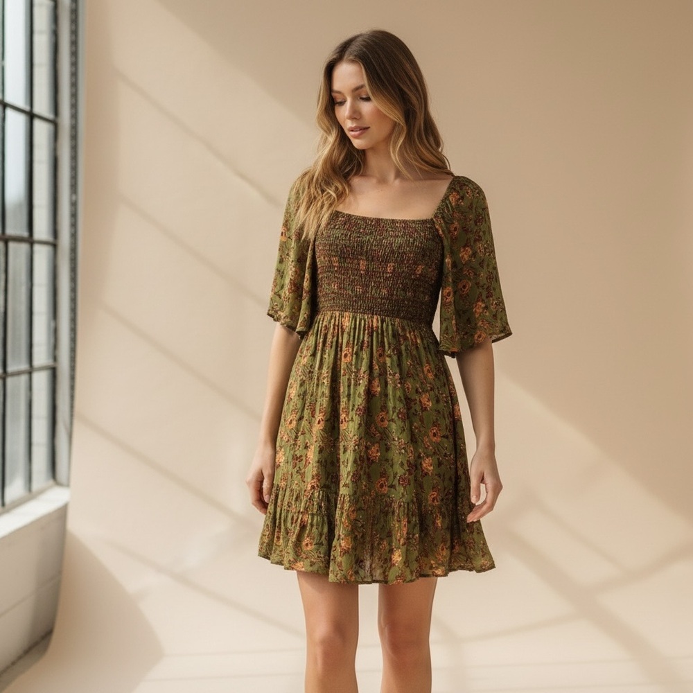 C & V Chelsea & Violet Floral Long Sleeve Green Fit & Flare Dress Women’s Sz S